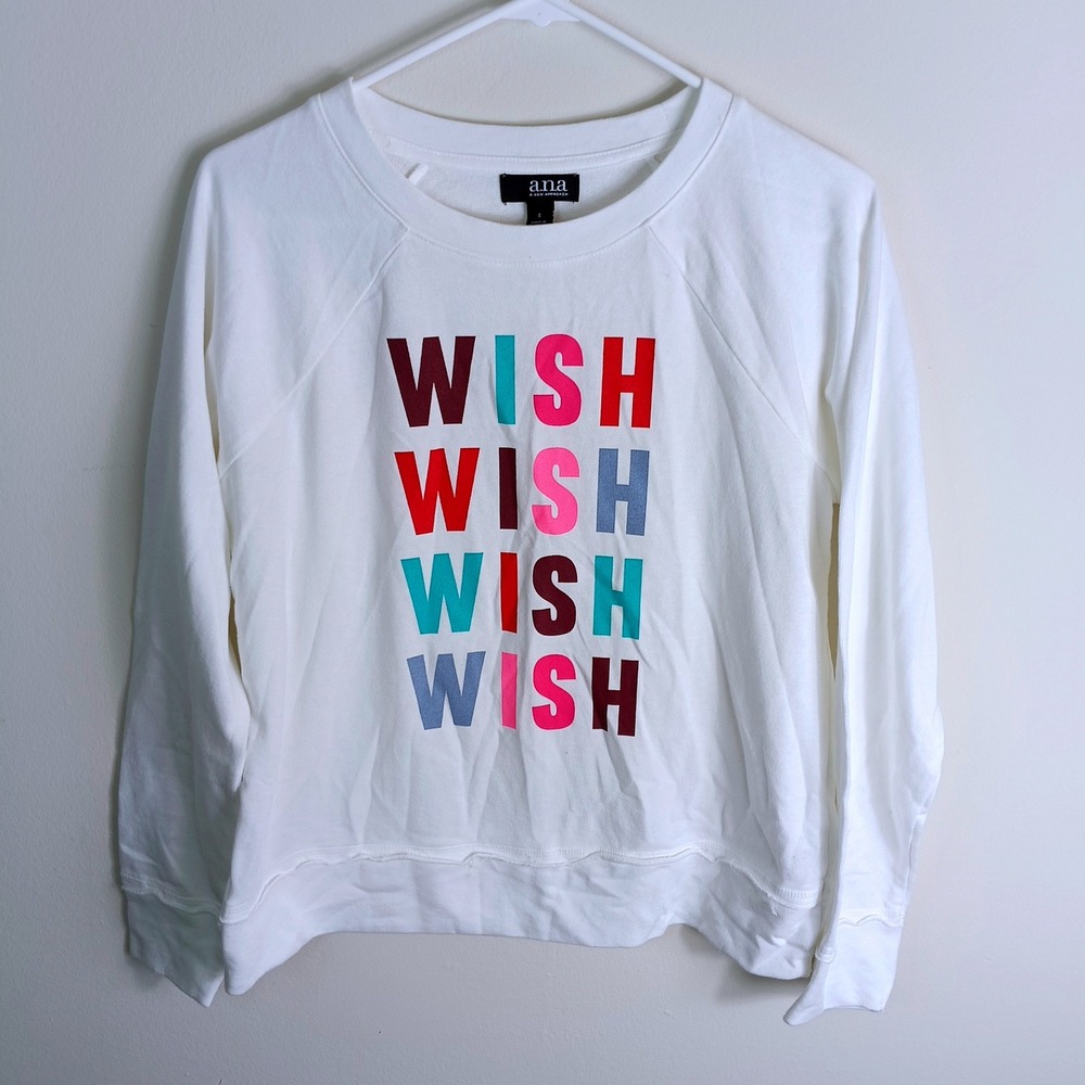 a.n.a Graphic Sweatshirt Womens S White Excellent Wish Print Raglan Pullover